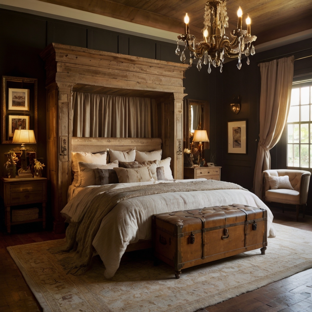 A large, weathered trunk at the foot of the bed serves as storage and decor. Soft light from a chandelier highlights the trunk's antique brass details.