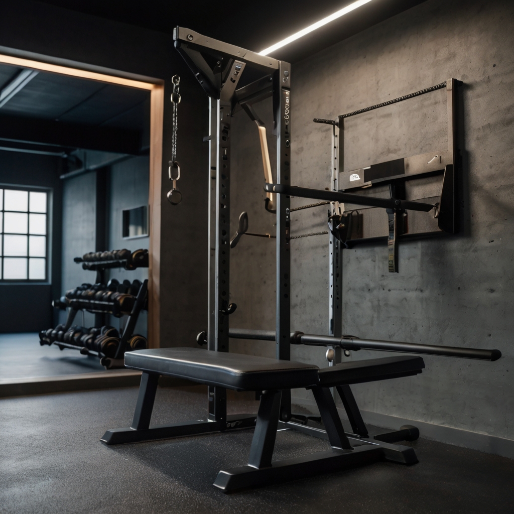 A sleek gym with wall-mounted equipment like pull-up bars, maximizing floor space. Bright lighting highlights the efficient use of vertical space.