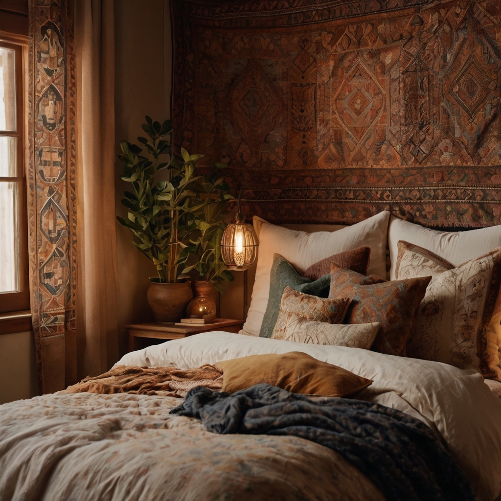 A tapestry adds bohemian softness and warmth to your bedroom. Soft lighting accentuates its intricate design.