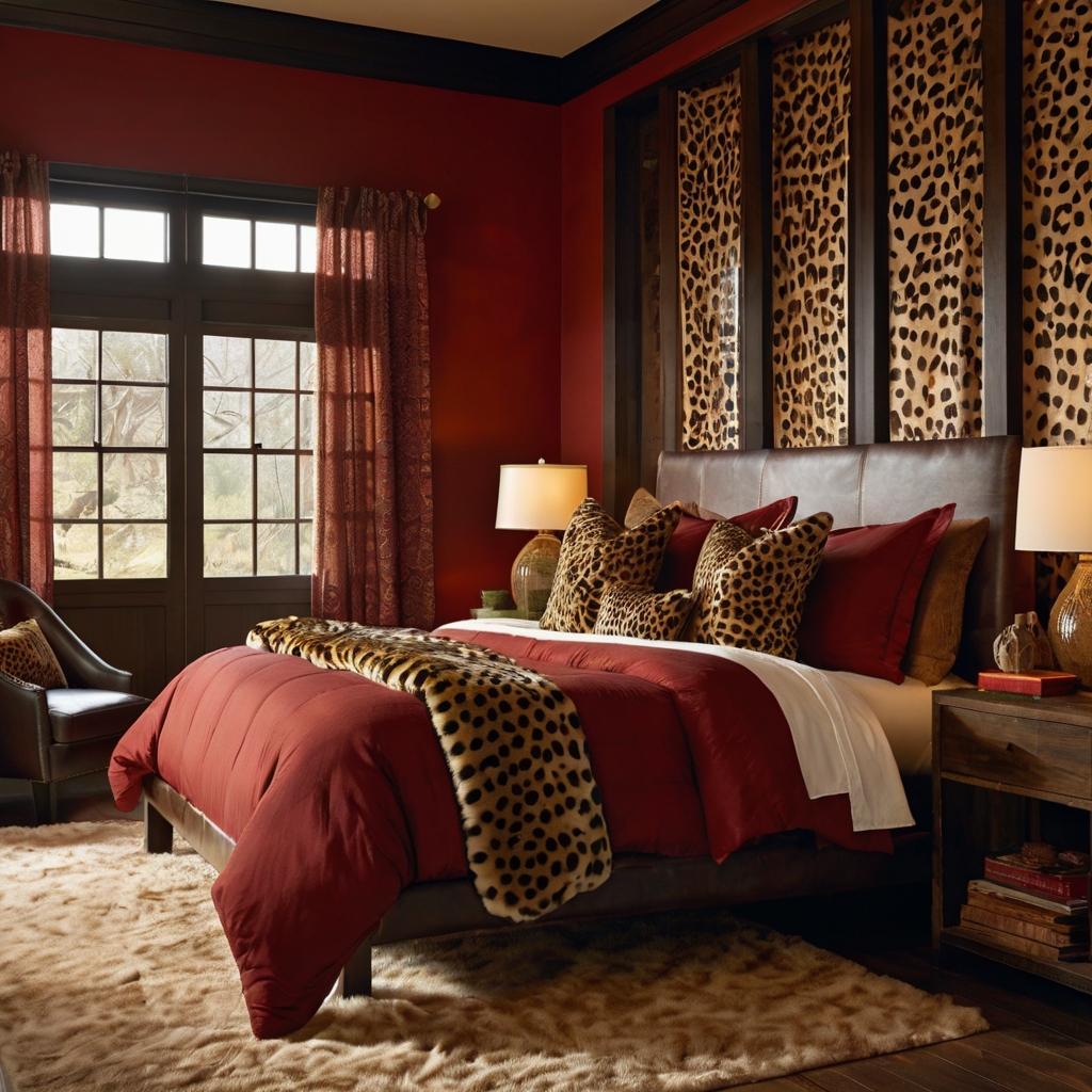 Rich red tones and cheetah print accents create a bold and cozy vibe. Soft lighting highlights the vibrant design.