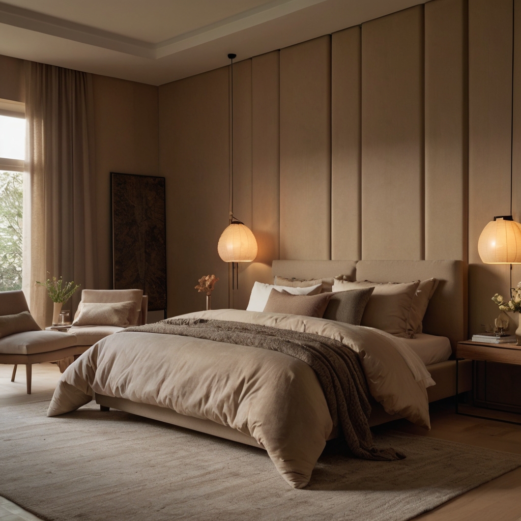 Warm neutrals create a timeless, calm bedroom. Soft lighting adds serenity to the space.