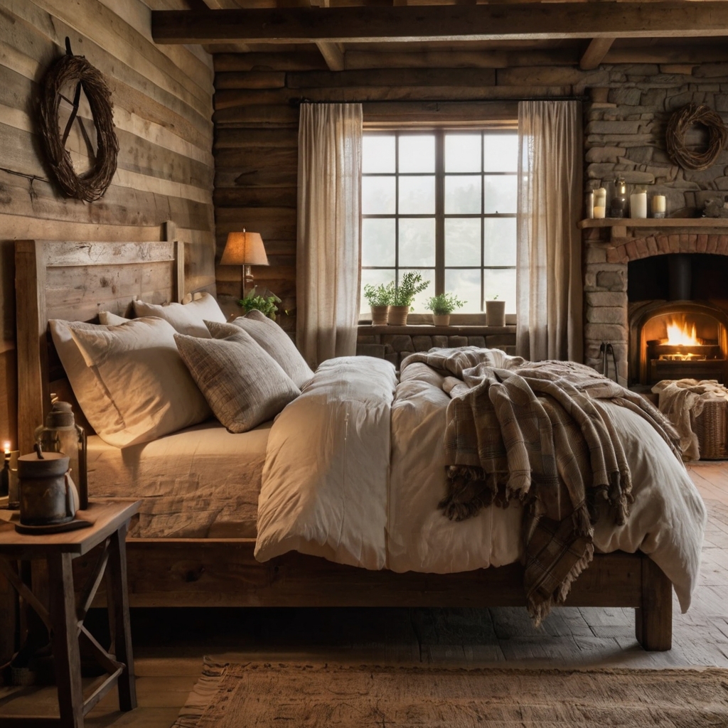 Rustic wood furniture and cozy textiles create a welcoming, homely atmosphere. Shop now for the perfect farmhouse bedroom!