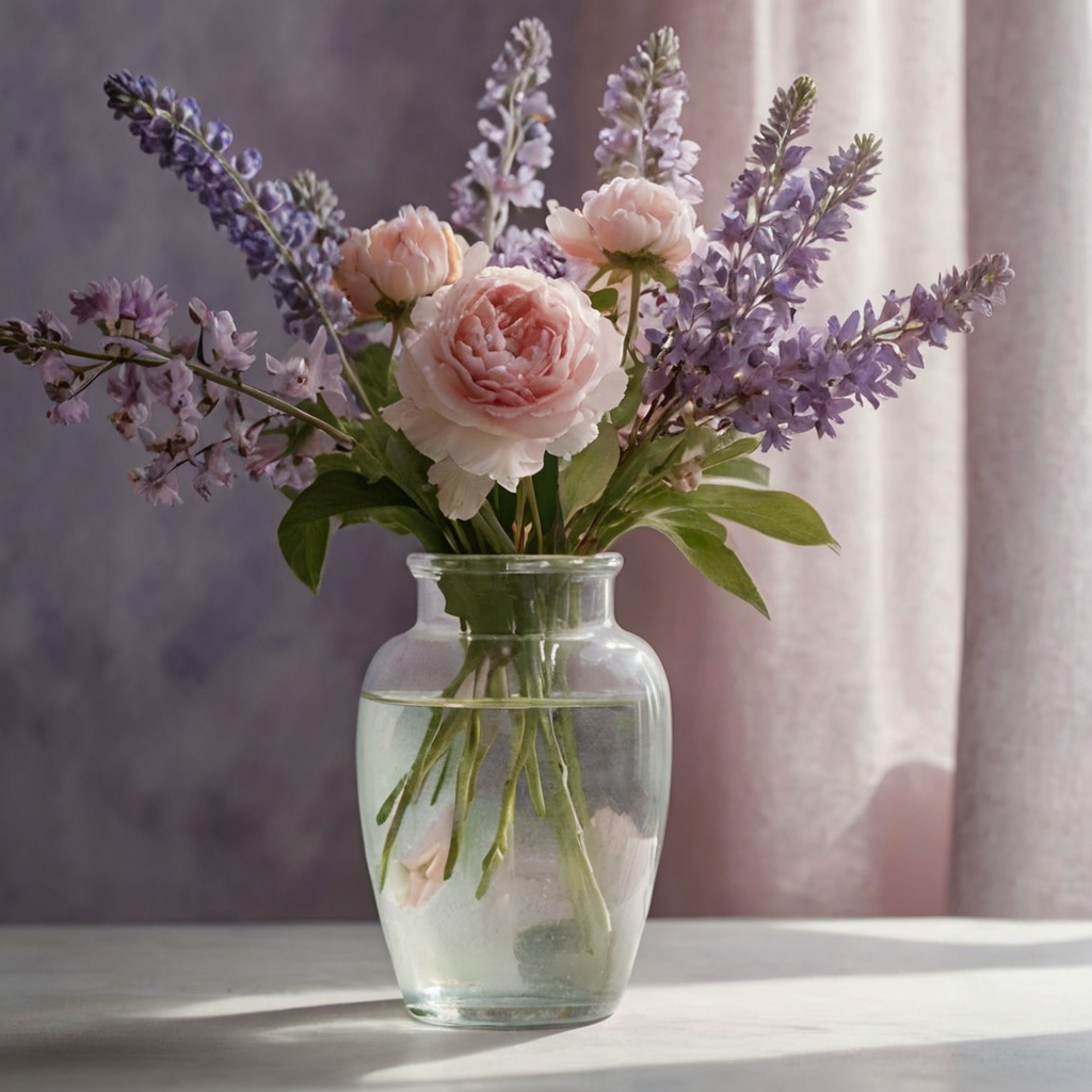 Delicate watercolor flowers on vases feel dreamy and serene. Soft front lighting creates an airy, minimalistic aesthetic.