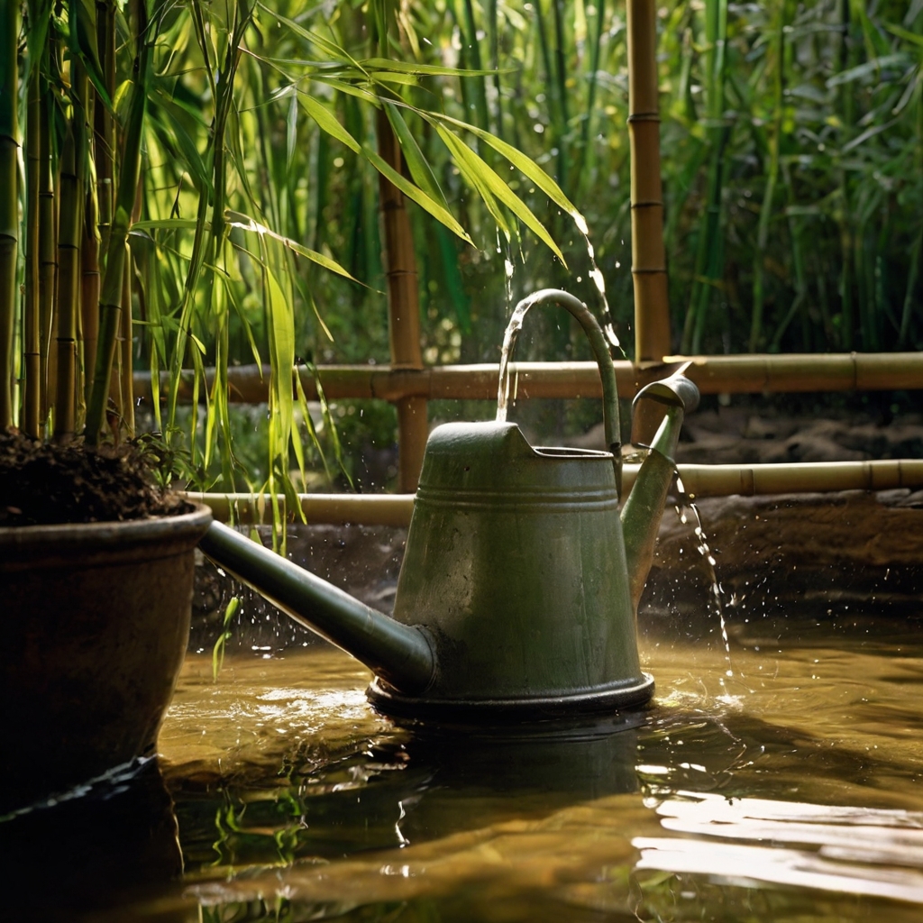 Gardener watering bamboo with a can, ensuring deep soil moisture in warm afternoon sunlight. The soil appears moist around the bamboo base.