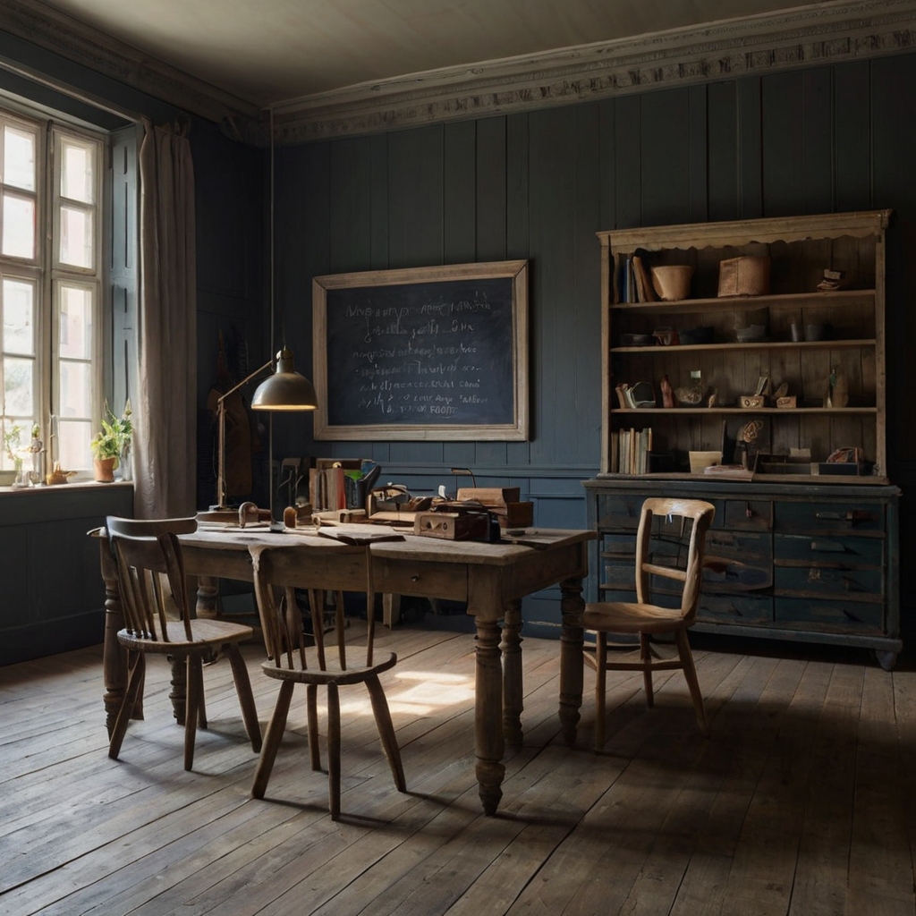 A weathered chalkboard in the vintage room serves as both functional and decorative. Soft lighting highlights the chalkboard’s texture and age.