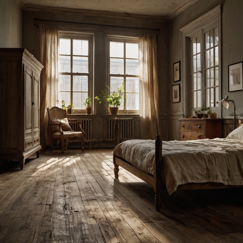 A bedroom with weathered wood floors, softly lit by natural light. The rustic textures and vintage furniture create a timeless, cozy atmosphere.