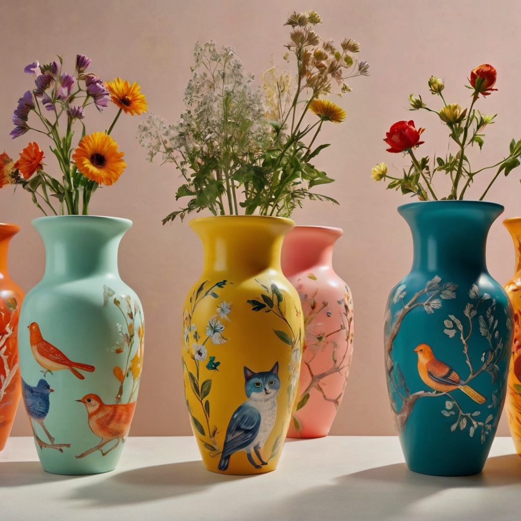 Hand-painted animal vases in bright colors exude whimsy and joy. Diffused light creates a soft, endearing glow on the playful designs.