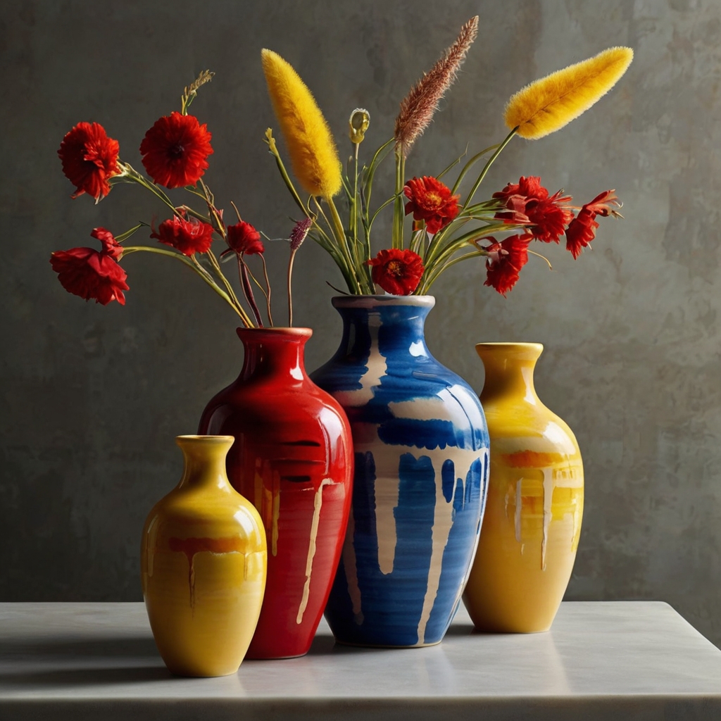 Ceramic vase with whimsical, colorful brushstrokes, diffused lighting enhancing free-spirited designs and soft shadows.