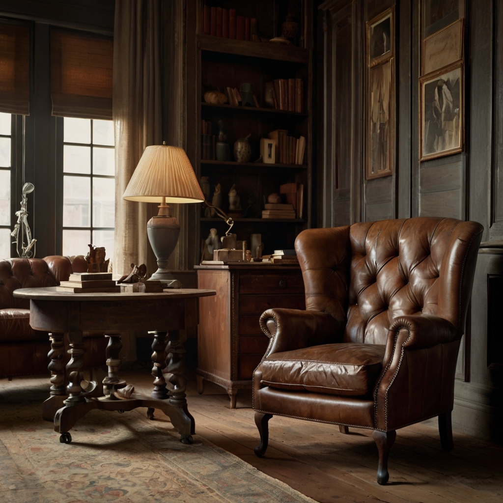 A worn leather armchair by a vintage desk, bathed in soft light. The rich patina of the leather enhances the room's timeless charm.