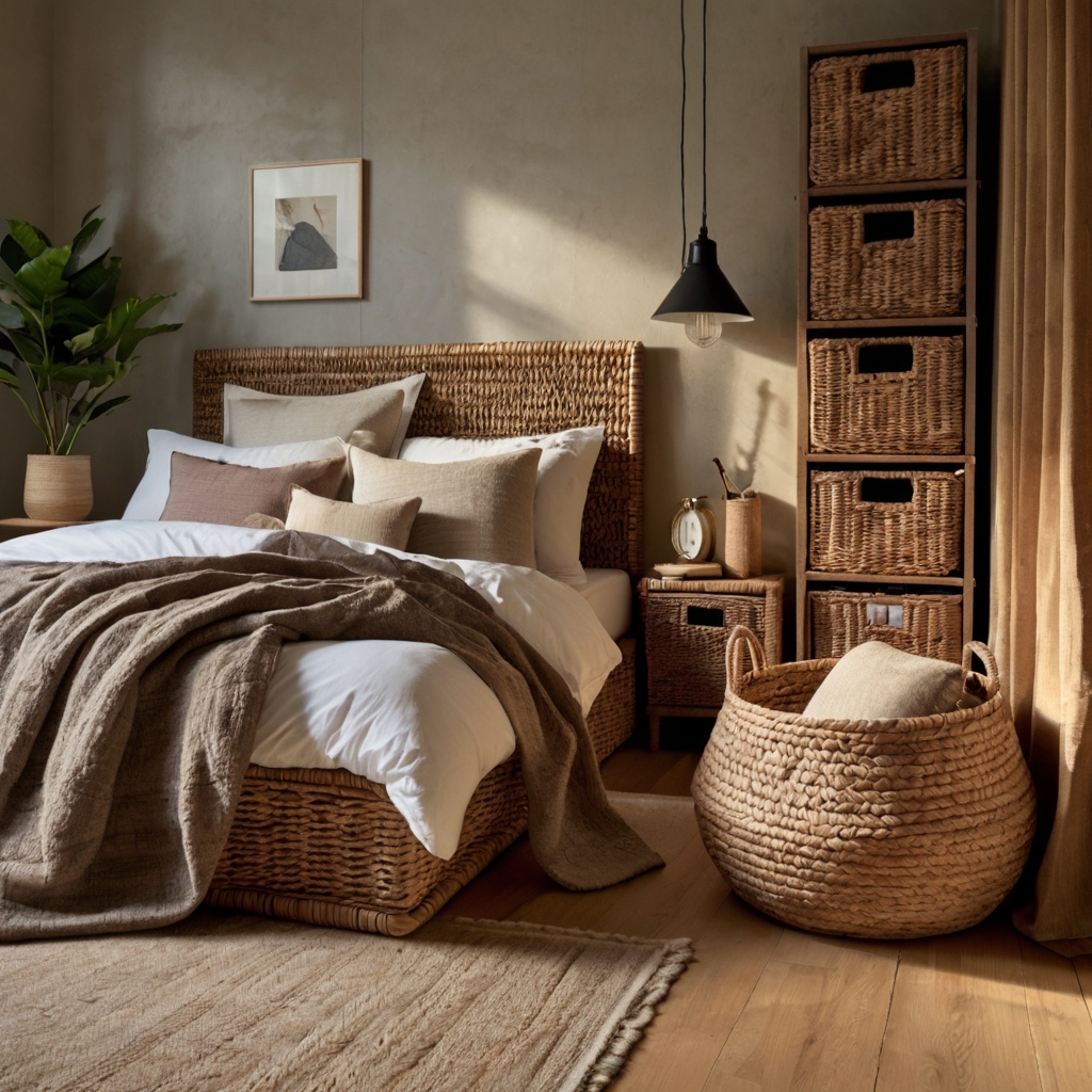 Woven baskets keep your bedroom organized with a rustic touch. Soft lighting highlights their natural texture.