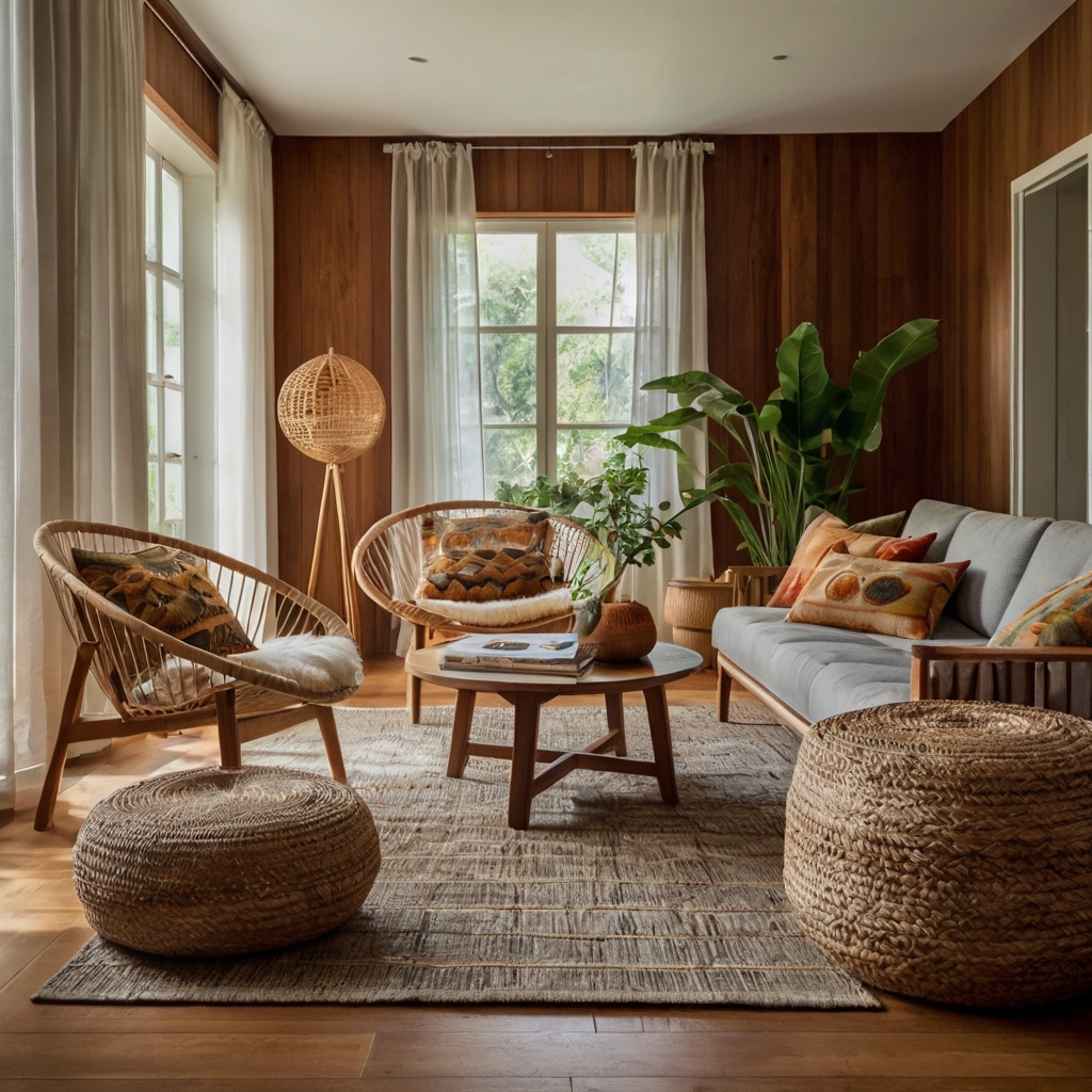 Mid-century modern room featuring woven textiles, wooden furniture, and warm lighting.