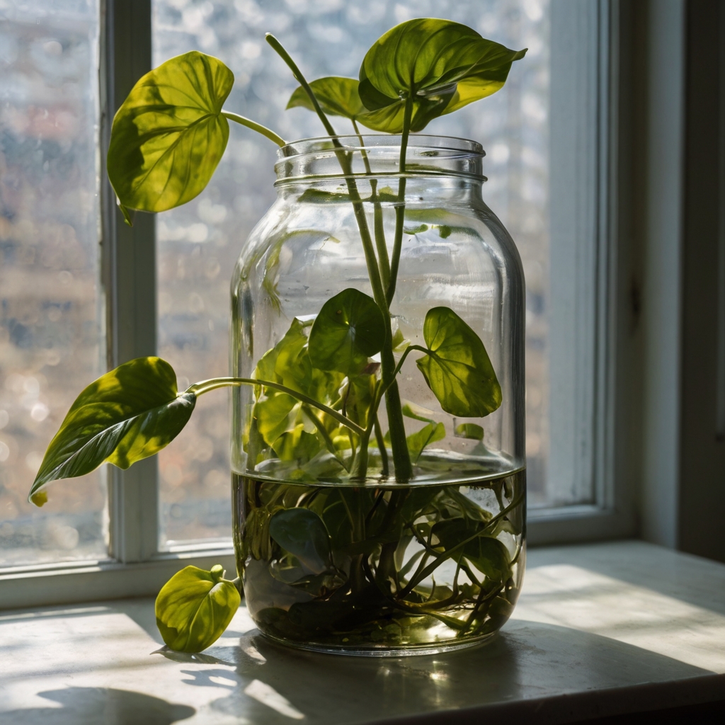 A pothos cutting with yellowing leaves in murky water, indicating excessive sunlight and poor water quality, reflected in soft natural light.