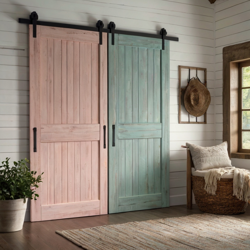 Shiplap barn doors in soft pastel tones evoke a coastal feel. Natural daylight highlights the breezy atmosphere.