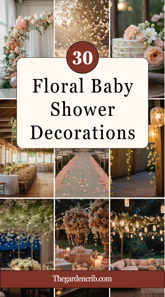 Elegant floral-themed baby shower décor featuring cascading garlands, blooming centerpieces, and twinkling flower fairy lights. A dreamy setup with soft pastels, rustic charm, and romantic ambiance.