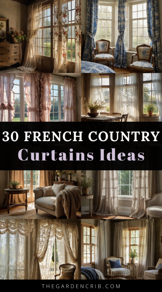 Rustic French country curtains in linen, lace, velvet, and gingham beautifully frame cozy sunlit interiors. From scalloped edges to botanical prints, each design enhances farmhouse charm effortlessly!
