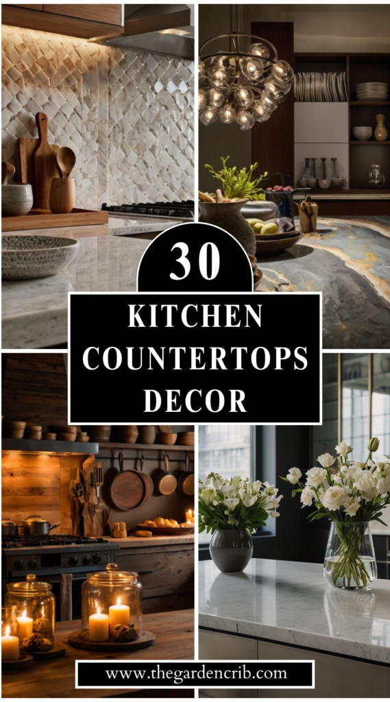 Stylish kitchen countertops showcasing modern, rustic, and elegant designs with unique textures and lighting.