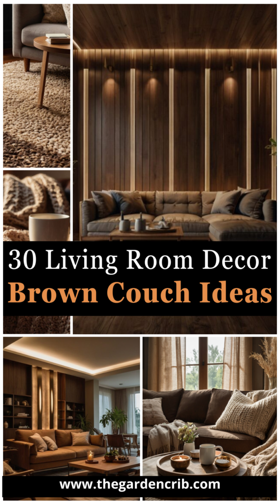 A brown couch with soft throw pillows sits in warm sunlight, highlighting cozy textures. A rustic wooden coffee table and earthy decor complete the inviting scene.