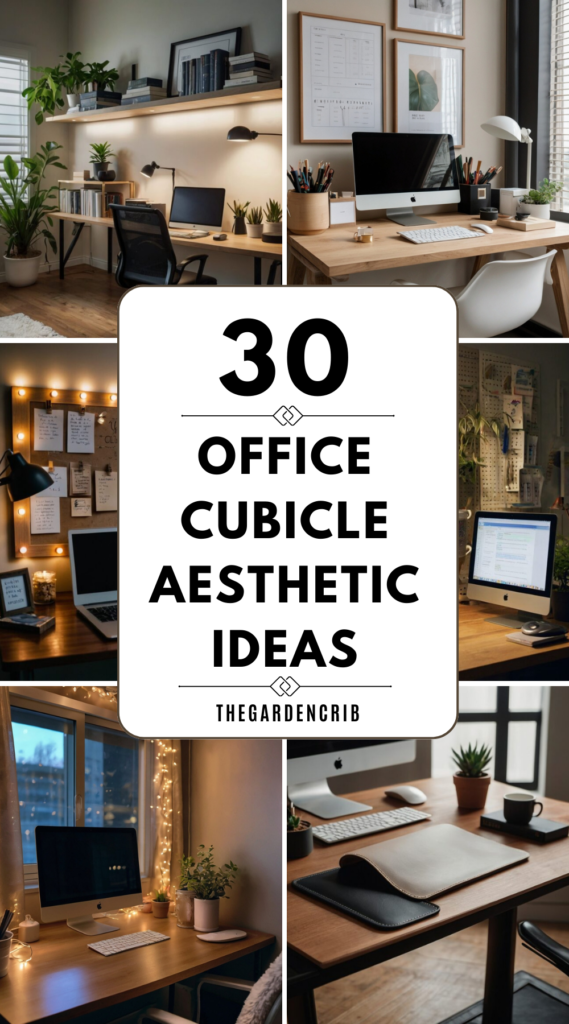 Aesthetic office cubicle ideas featuring cozy lighting, plants, and stylish decor. Transform any workspace with modern, minimalist, or vintage-inspired designs.