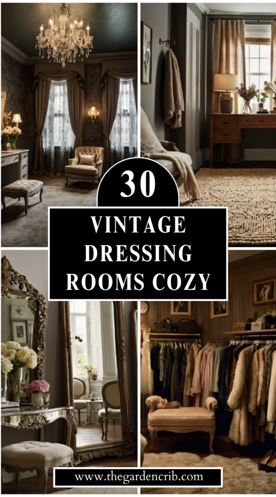 Create a vintage dressing room with soft, ambient lighting, antique furniture, and luxurious textures. Focus on warmth, intimacy, and timeless elegance with vintage details, from velvet chairs to rustic accents.