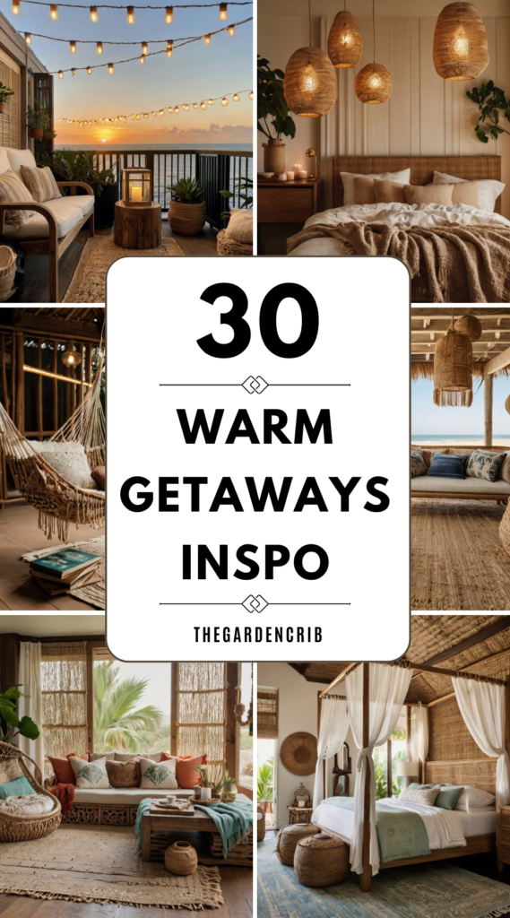 Create a coastal-inspired retreat with soft linens, natural wood, and oceanic hues. Enhance warmth with rattan, greenery, and golden-hour lighting for a serene ambiance.