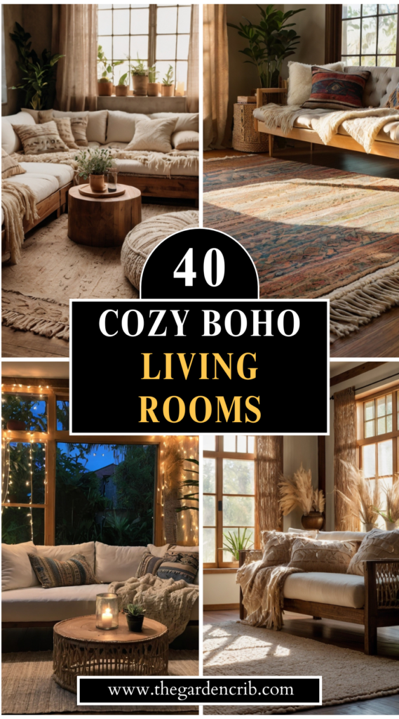 A cozy bohemian living space featuring macramé art, vintage finds, plush cushions, and earthy textures. Layered rugs, rattan accents, string lights, and handcrafted décor create a warm and inviting ambiance.