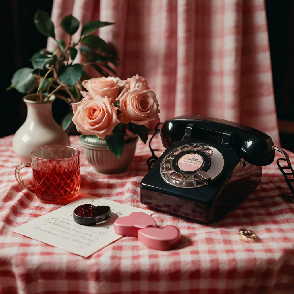 Polaroids, mixtapes, and a cassette player bring retro romance to life. Neon lights and handwritten love notes enhance the nostalgic charm.