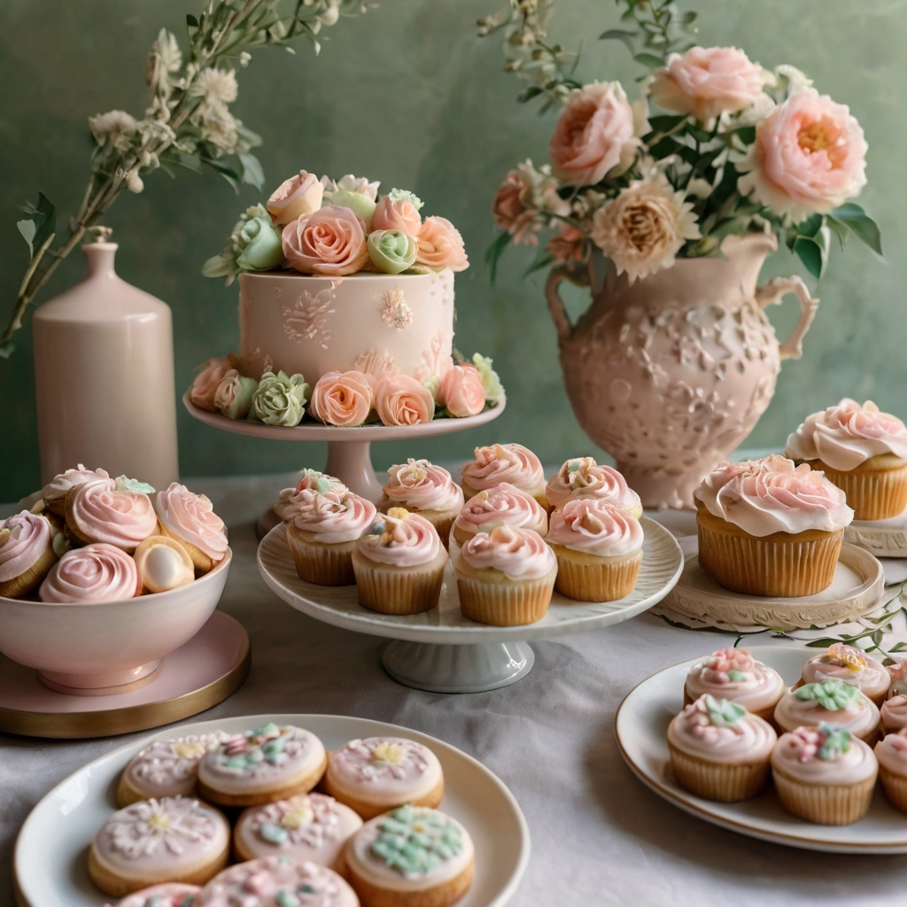 A dessert spread with flower-adorned cupcakes, cakes, and cookies. Soft natural tones and a blurred greenery background enhance elegance.