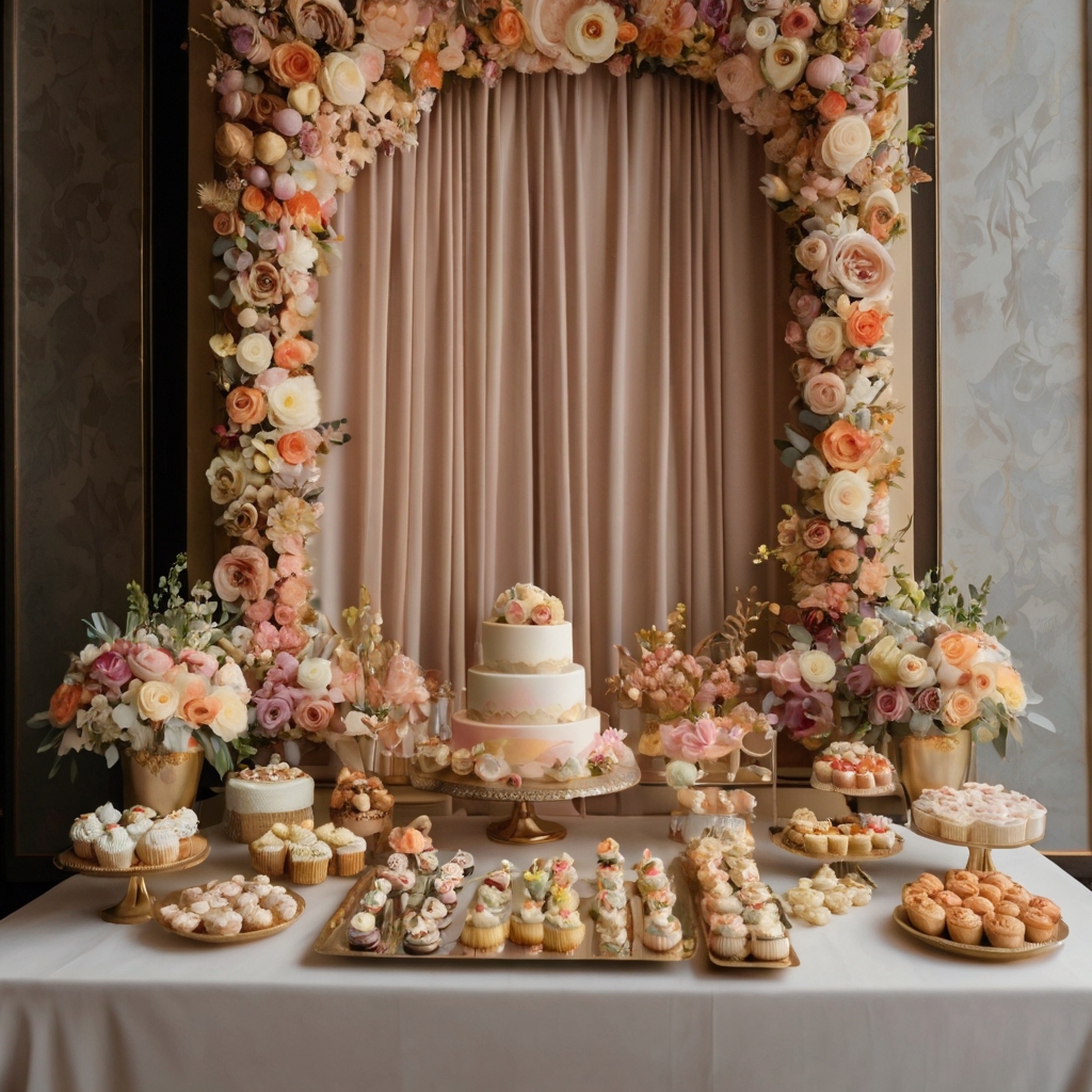 A grand floral-themed dessert table with cupcakes, cookies, and cake pops. Warm ambient lighting enhances the luxurious presentation.