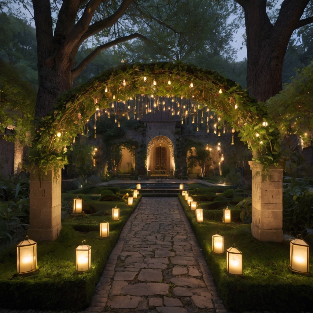 A whimsical courtyard bathed in soft twilight, with glowing lanterns, moss-covered arches, and a sparkling fountain. A true storybook escape.