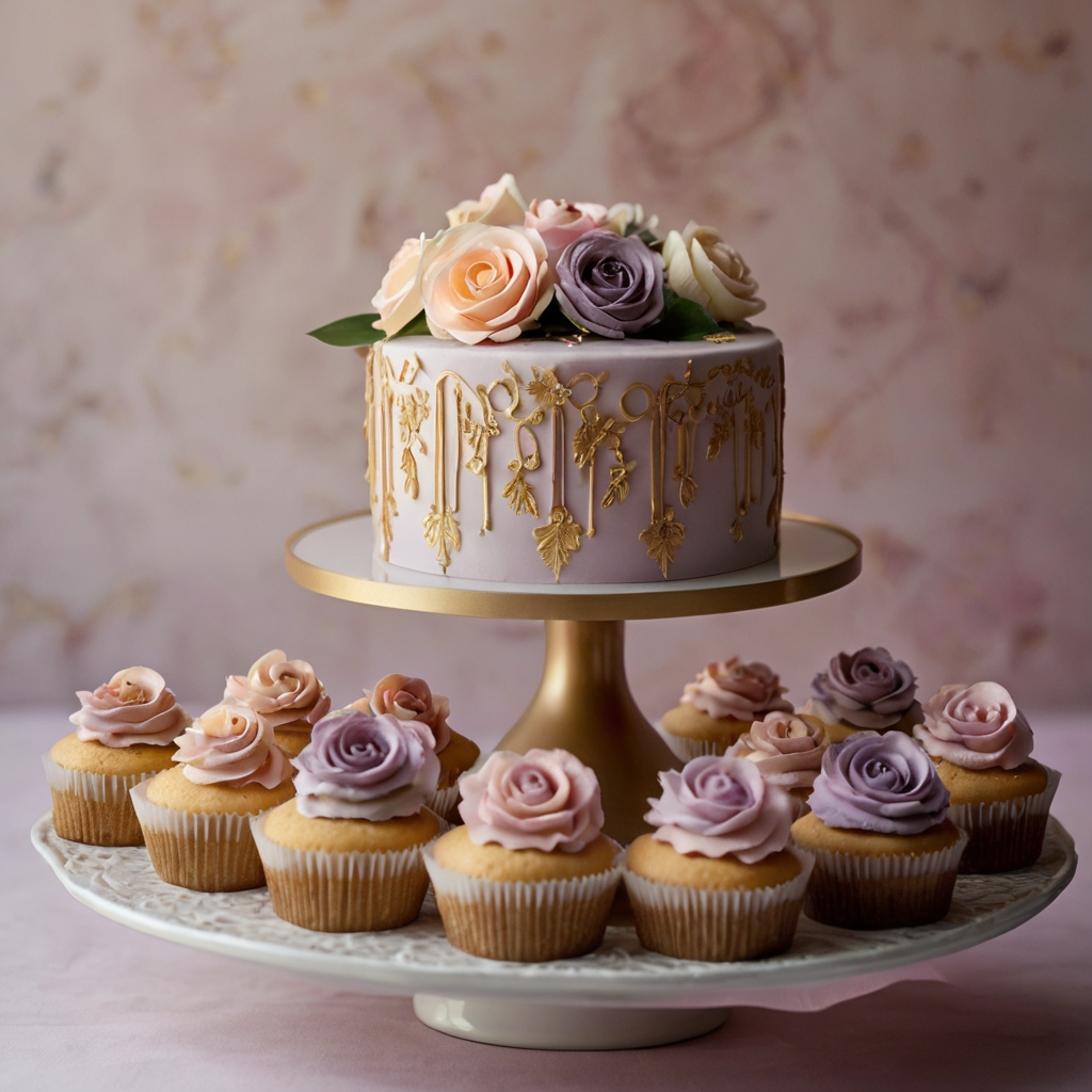 An elegant dessert table with hand-painted floral cupcakes, cakes, and cookies. Soft pastel hues and gold accents create a dreamy, romantic look.