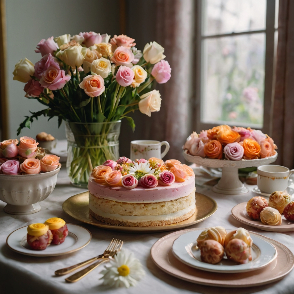 A floral dessert wonderland featuring edible roses, daisies, and tulips. Soft, diffused lighting enhances the pastel hues and elegance.