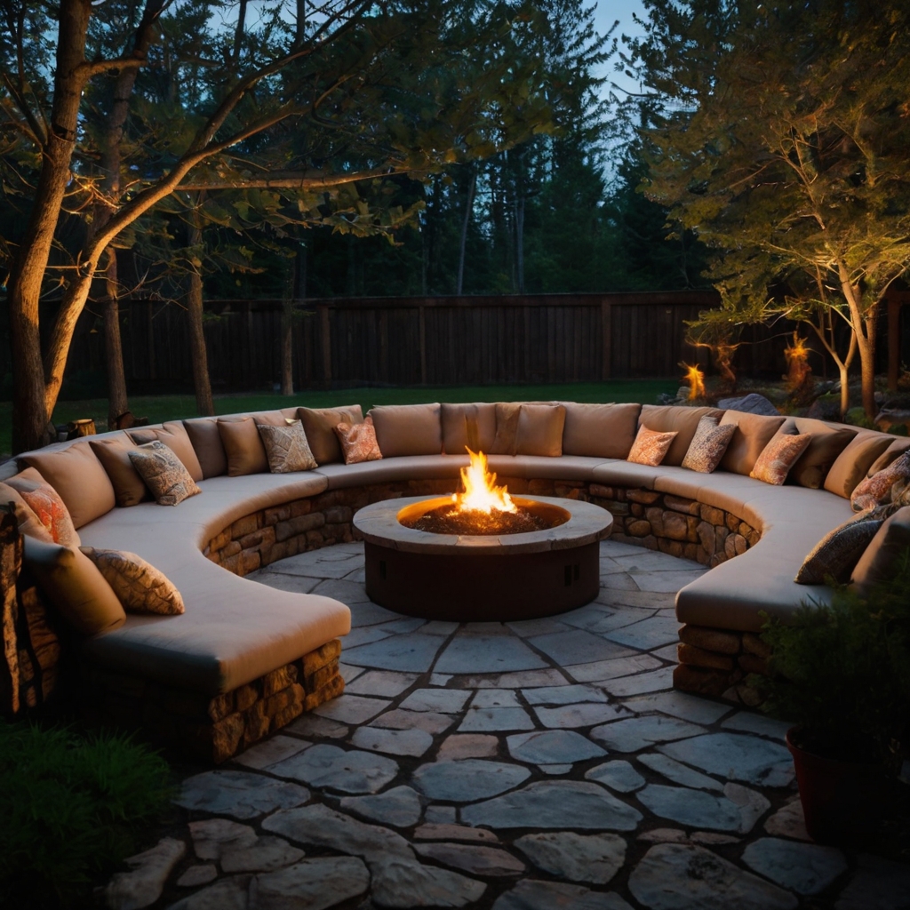 A warm and intimate fire pit courtyard with plush seating and flickering flames. The night glow casts soft, golden shadows across the rustic walls.