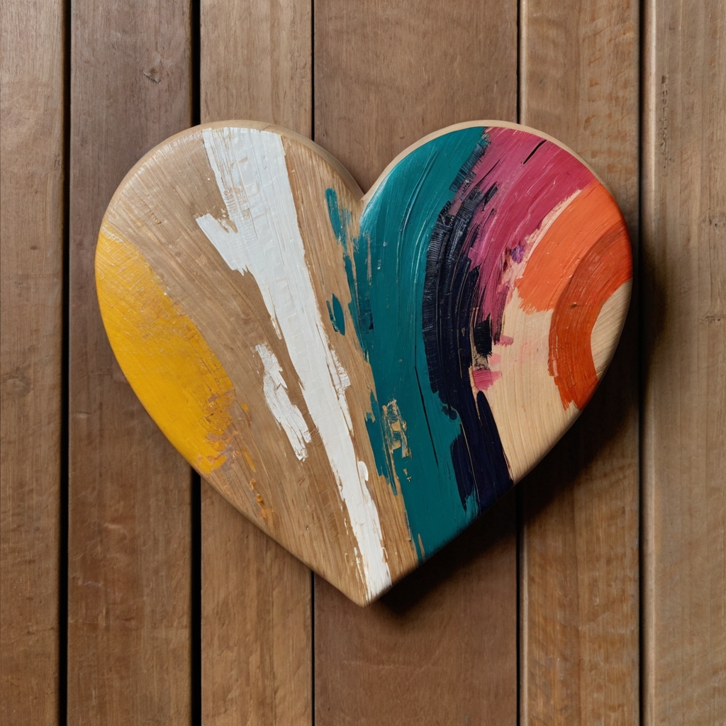 A modern wooden heart with bold, expressive brushstrokes in vibrant and neutral tones. A statement piece for contemporary spaces.