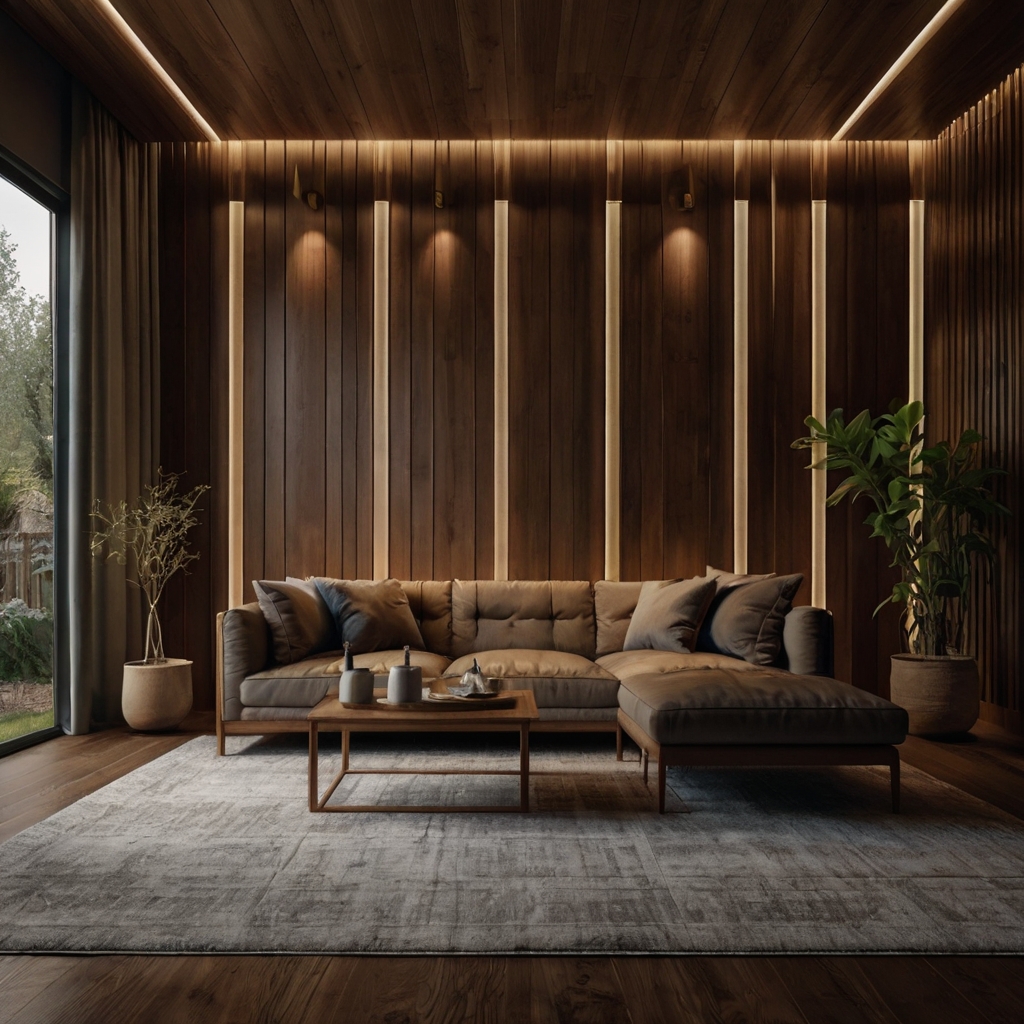 A dark wood-paneled wall behind a brown leather couch. LED lighting enhances the rich texture.