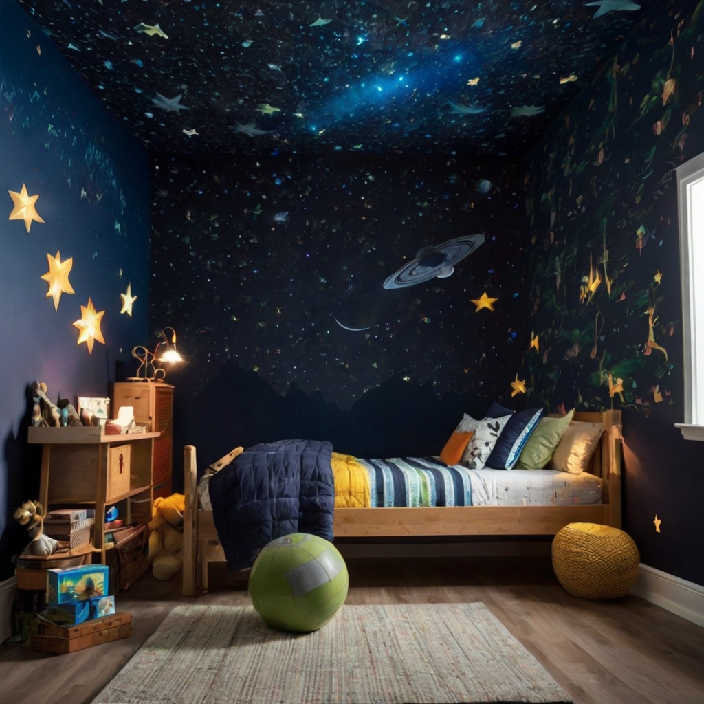 Transform walls into jungles, galaxies, or racetracks. Decals and glow-in-the-dark stars add excitement.