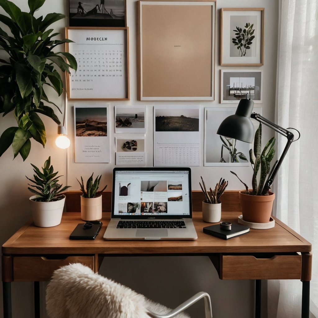 Sleek, minimalist desk with matching organizers, a stylish lamp, and small potted plants. Soft light from the lamp enhances the organized, calm atmosphere.