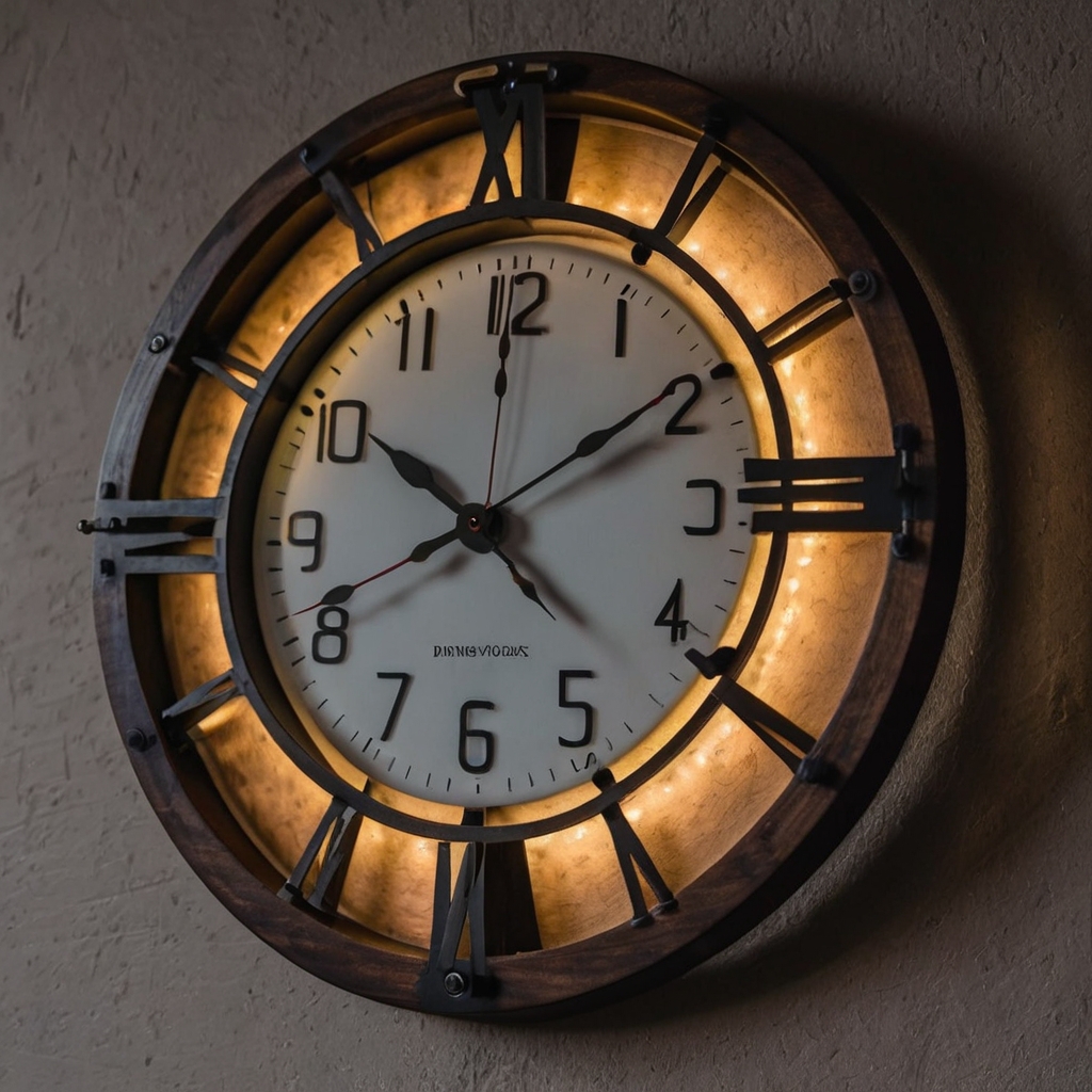 Create a statement with a DIY wooden or metal wall clock, highlighted by soft lighting to enhance its aesthetic appeal.