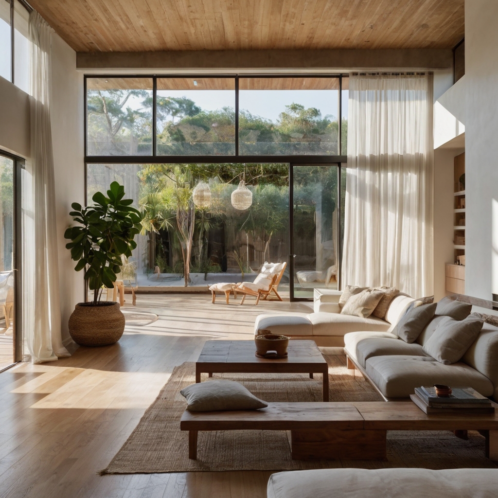 A bright living room with white-washed walls, high ceilings, and expansive windows. Natural wood accents and subtle textures add warmth to the open space.