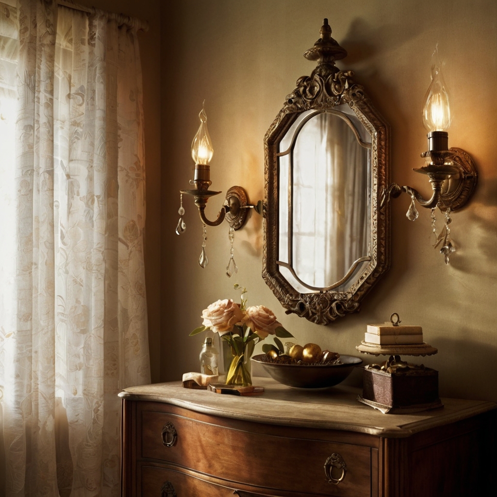 Add brass sconces or a crystal chandelier for a warm glow in your vintage dressing room. Soft lighting creates a romantic, intimate vibe.