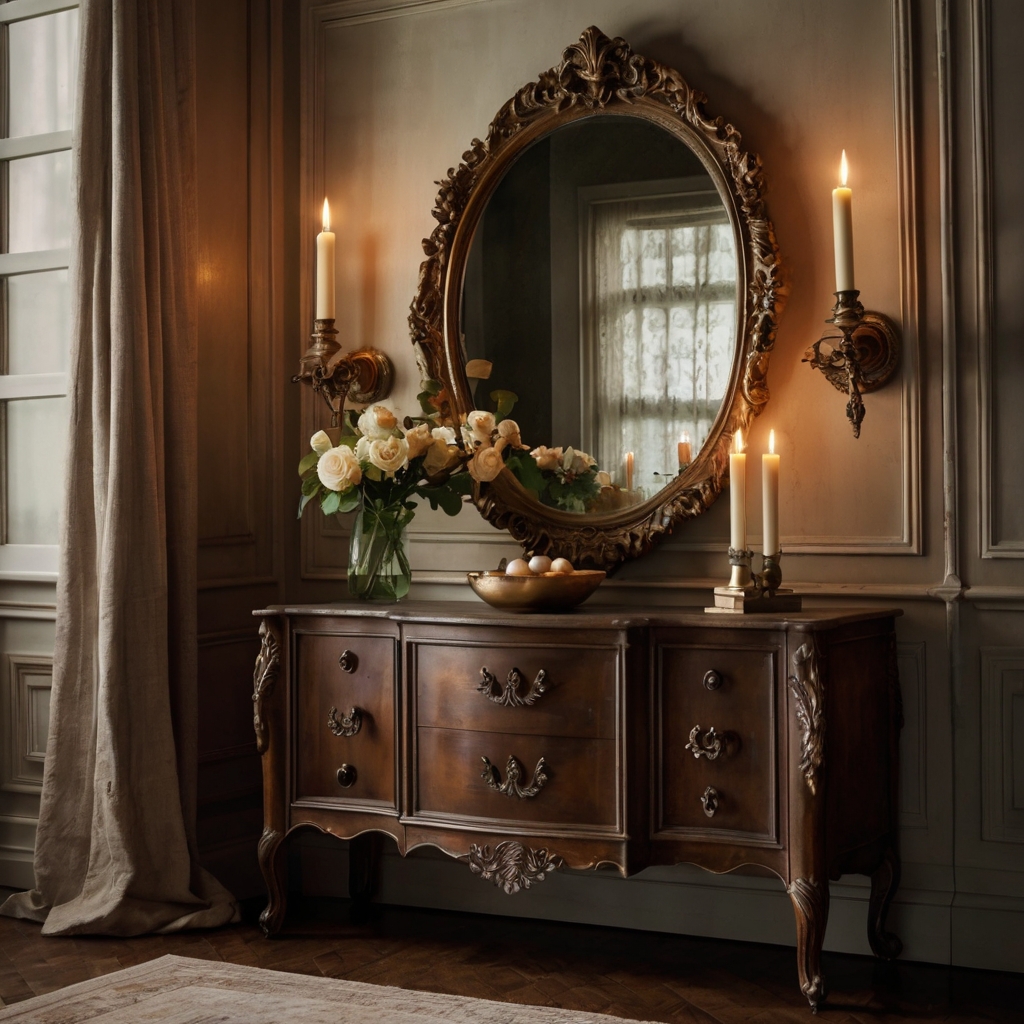 A vintage-inspired space with a gilded mirror, distressed wooden sideboard, and delicate porcelain decor. Soft candlelight and brass accents add warmth and elegance.