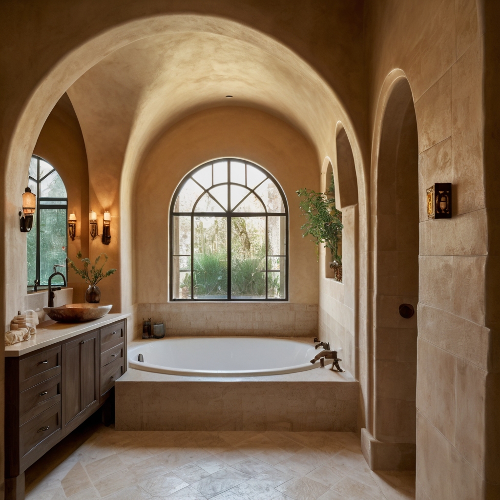 Grand arched doorways and cozy niches create a Mediterranean-inspired sanctuary. Soft stucco curves blend seamlessly with warm, golden sunlight for an inviting feel.