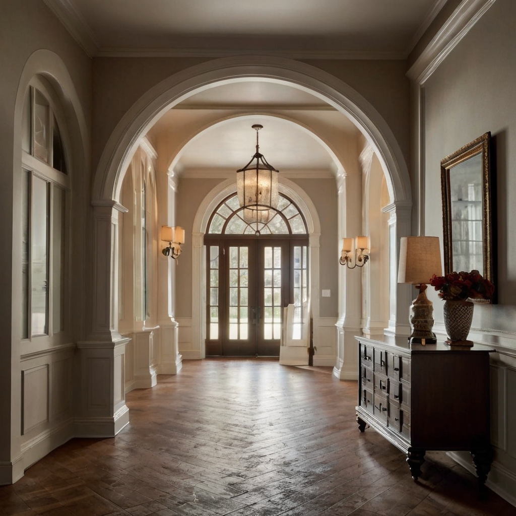 An elegant arched hallway leading into a softly lit room. The graceful curve frames the space, creating flow and architectural elegance.