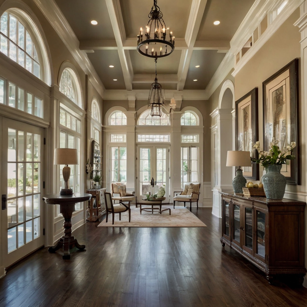 A graceful archway leads into a sunlit foyer, topped with an elegant transom window. Natural light spills through, adding warmth and sophistication to the entryway.