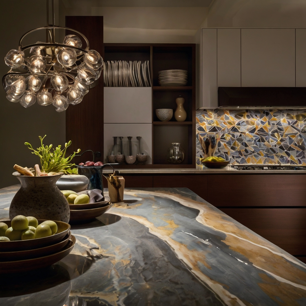 A modern kitchen countertop styled with hand-painted ceramics and sculptural decor. Warm lighting highlights the artistic and creative elements.