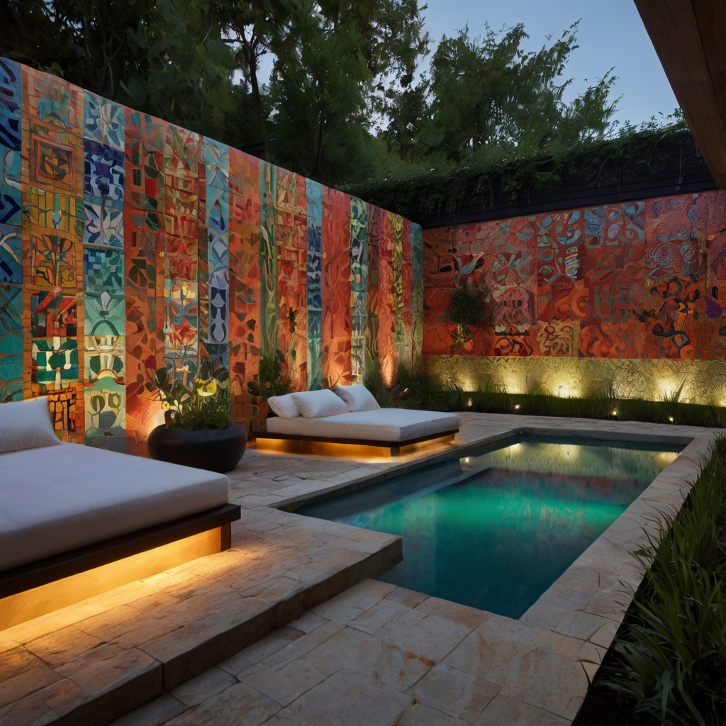 A creative courtyard filled with murals, mosaic pathways, and sculptural elements. A unique space that celebrates bold colors and artistic freedom.