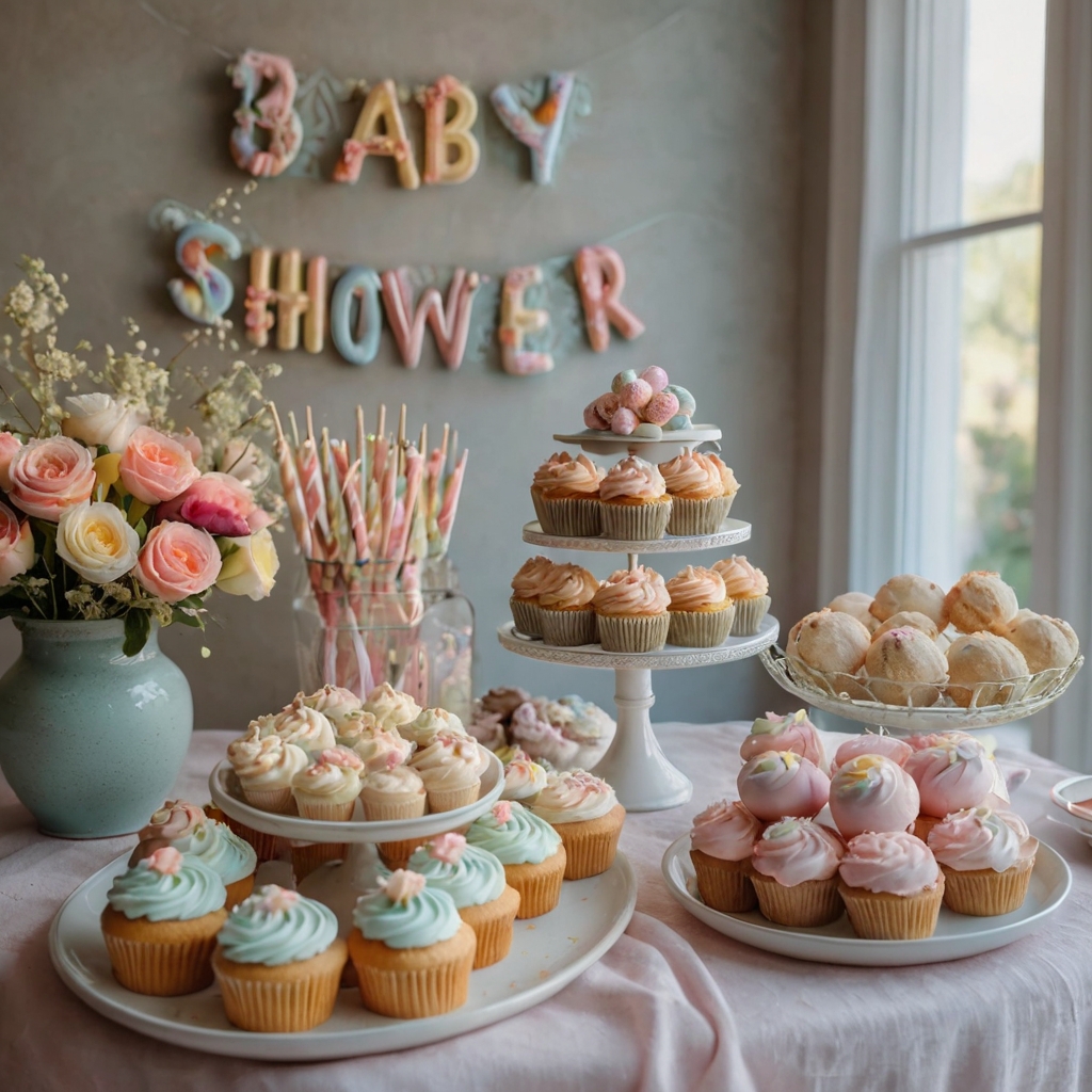 Floral-themed cupcakes, cookies, and cake pops in soft pastel hues. Light, airy tones create a sweet and joyful ambiance.