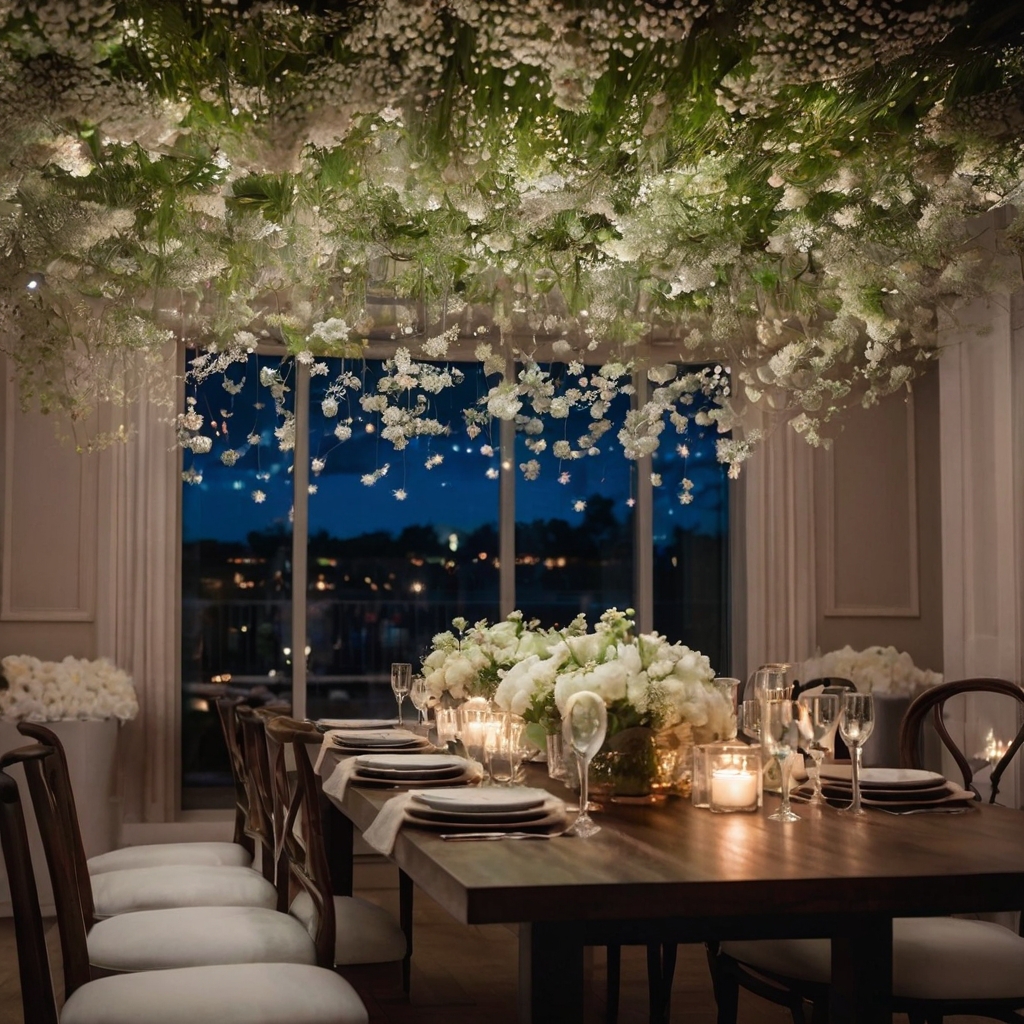 Floating clusters of baby’s breath with twinkling fairy lights for an ethereal ambiance.