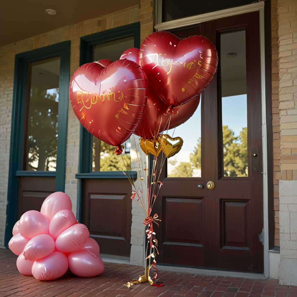Glossy, helium-filled heart balloons in radiant reds, pinks, and golds float against a deep pink sky, reflecting soft ambient light.