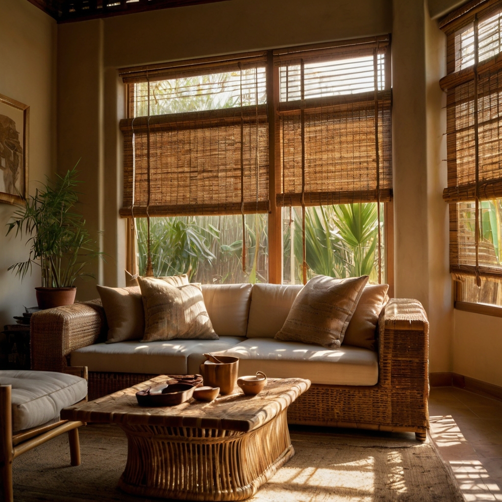 A cozy boho living room with bamboo blinds filtering warm sunlight, casting delicate woven patterns.