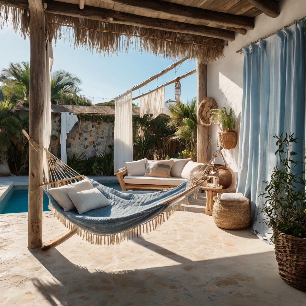 A breezy coastal courtyard with soft blues, flowing white curtains, and a hammock swaying gently. Driftwood decor and sandy tones enhance the seaside feel.